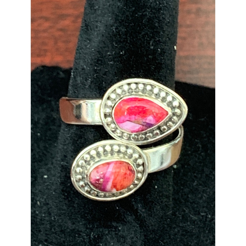925 Sterling Silver Pink Spiny Oyster Shell Turquoise Adjustable Bypass Ring